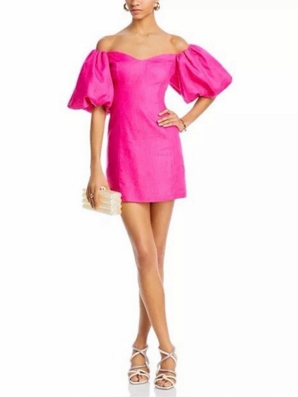 RHODE Dali Off The Shoulder Puff Sleeve Linen Mini Dress Hot Pink